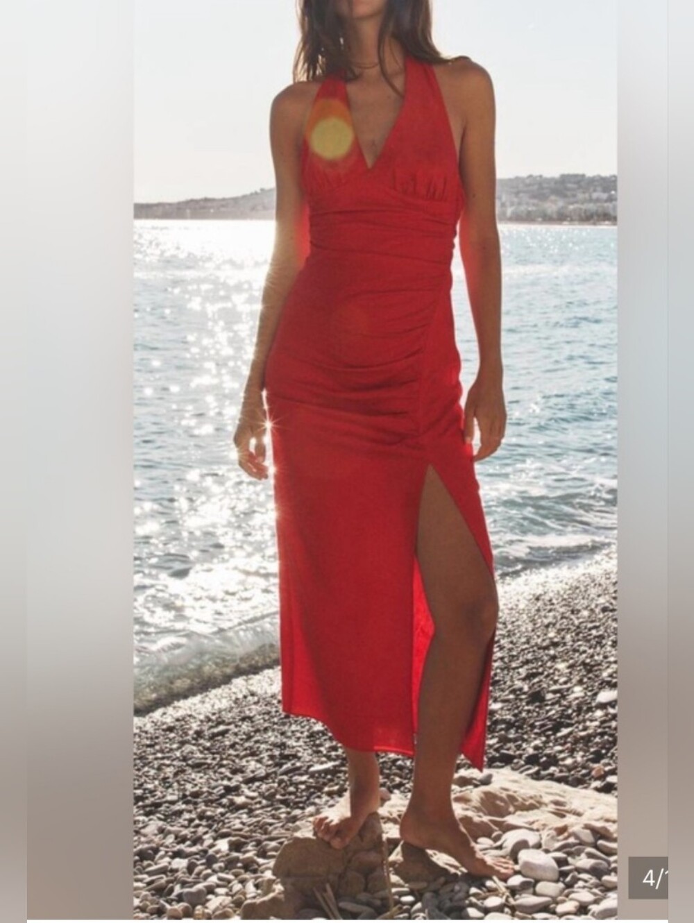 Draped Linen Midi Dress - Red